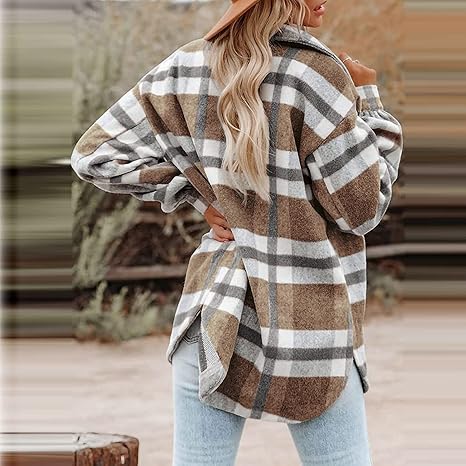 Veste Polaire Pour Femme - Haut D'hiver Chaud - Chemise à Carreaux - Grande Taille - Capuche Avec Cordon De Serrage - Manches Longues - Bouton - Chemisier Décontracté Ample Classique Avec Poches