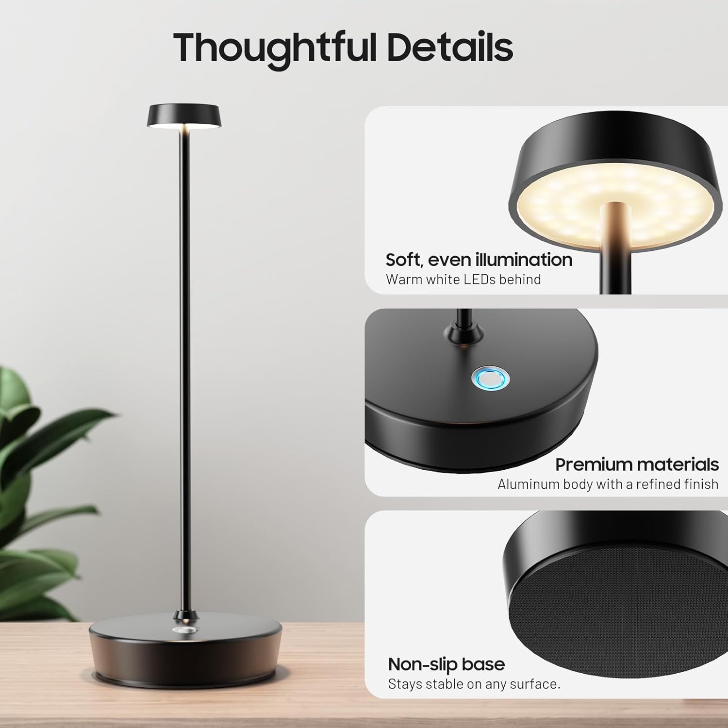 Cordless LED Table Lamp，Rechargeable Battery Desk Lamps, 3 Color Stepless Dimmable Metal Battery Table Lamps, Portable Table Light for Indoor/Outdoor/Restaurants/Bedroom/Bar