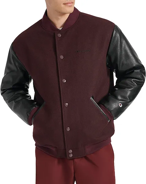 Champion mens Letterman Varsity Bomber Jacket With Faux Leather Sleeves