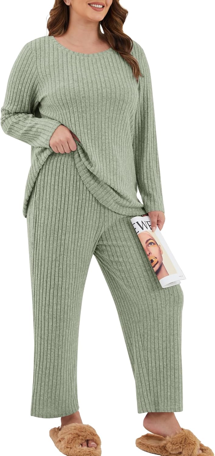 Womens Plus Size Lounge Pajamas 2 Piece Pj Sets Soft Long Sleeve Ribbed Tops Wide Leg Pants with Pockets