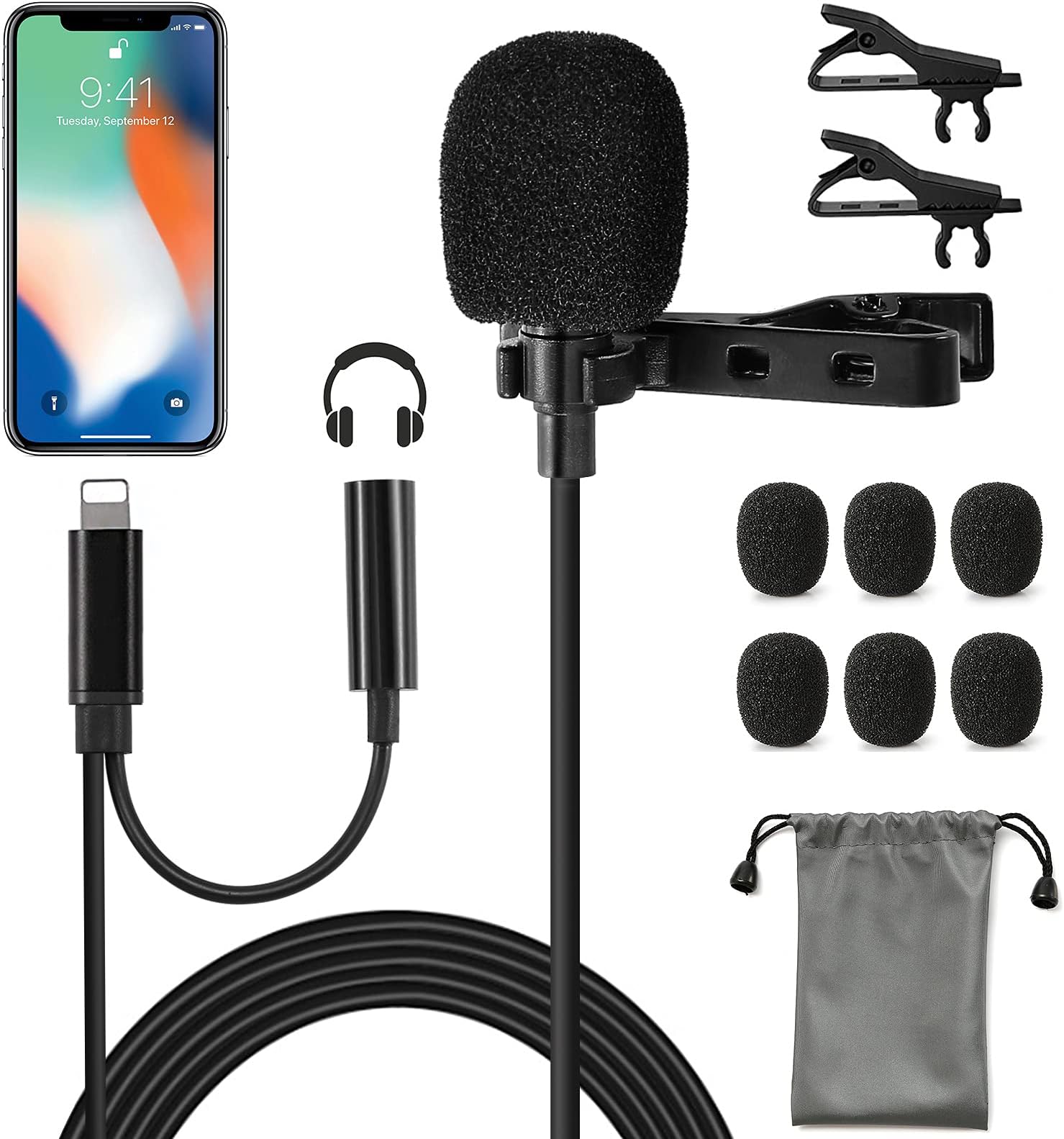 Lavalier Lapel Microphone Compatible with iPhone,Professional Omnidirectional Mini Clip on MIC with Earphone Jack,for YouTube,Video Recording,Compatible with iPhone X/XR/XS/11/8/7/iPad