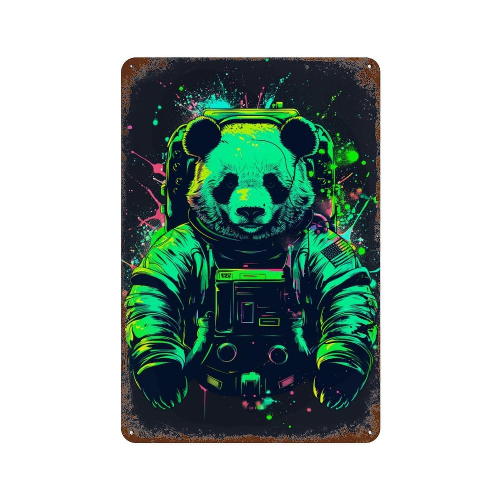 Panda Astronaut Space Suit Art Print Vintage Wall Sign 11.8"x7.9", Rust Effect Metal Decor for Shed, Workshop And Garage Wall Decor