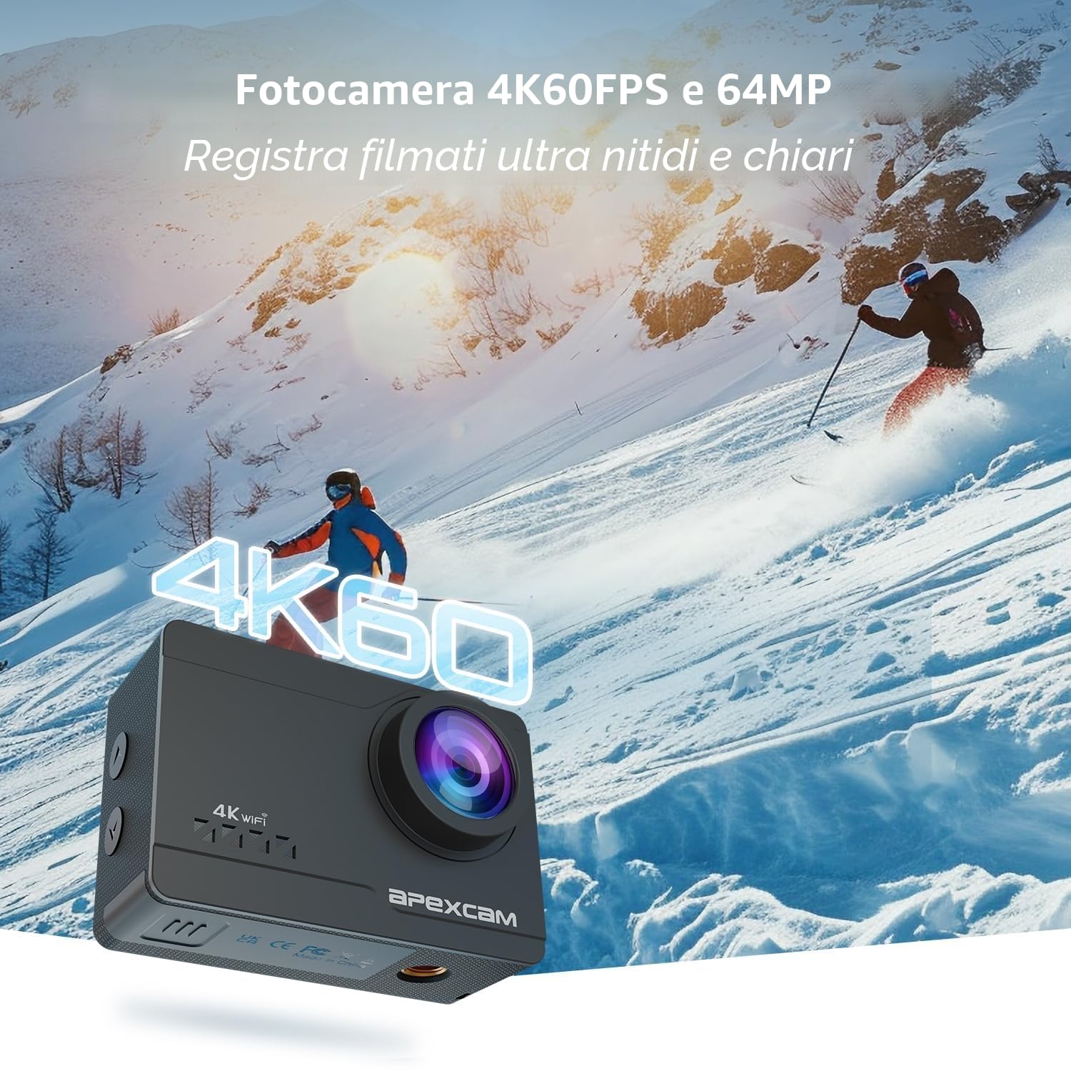 Apexcam M90 Action Cam 4K60FPS 64MP Con 128GB Scheda WIFI EIS Sport Camera Touchscreen Fotocamera subacquea 40m Impermeabile 8X Zoom 2,4G Telecomando 2x1350 mAh Batterie Set di Accessori