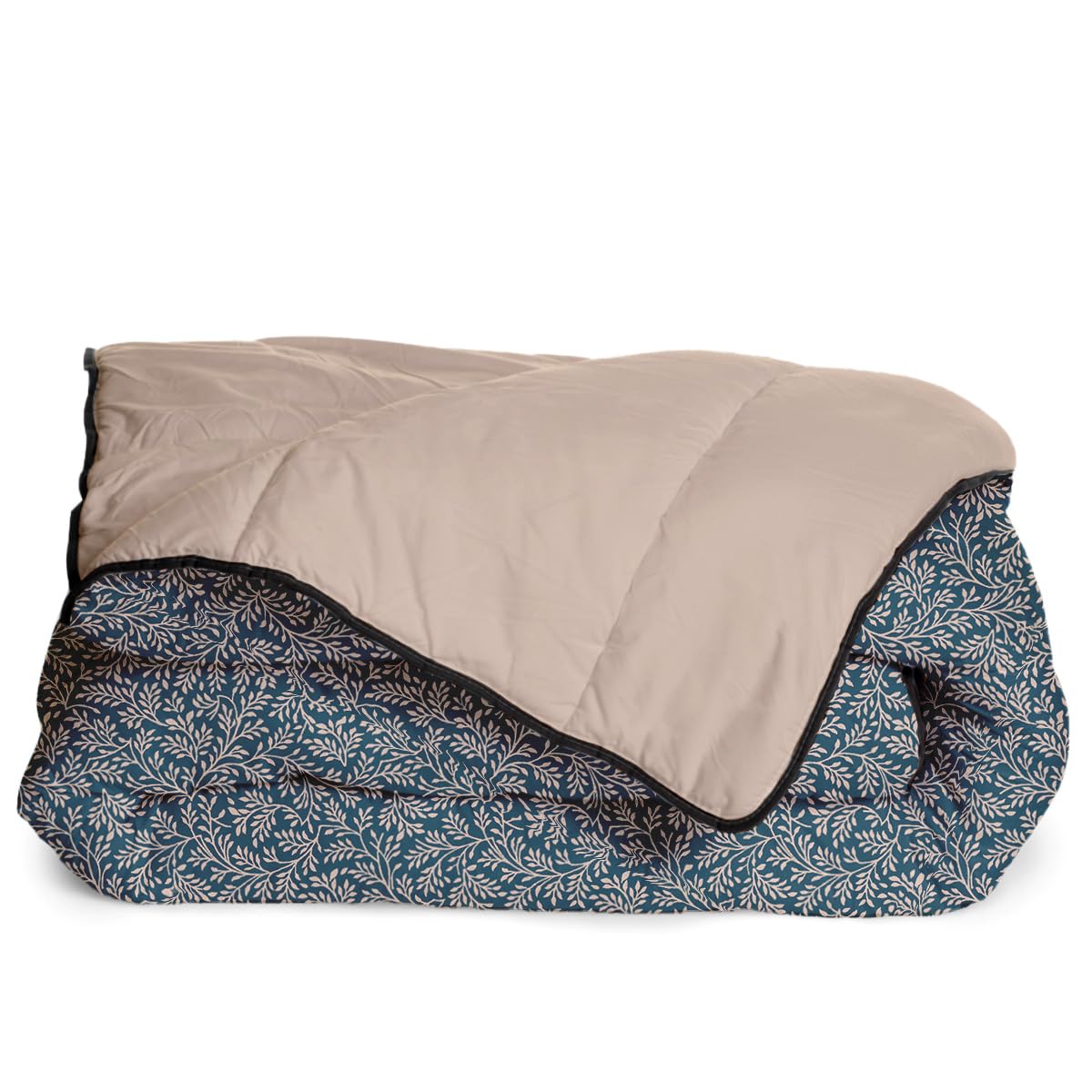 Bleu Calin Couette Imprimée Chaude Omara 140x200cm pour Lit 90x190 - Microfibre - Édredon 350g/​m² Fabriqué en France - Bleu Paon/​Beige