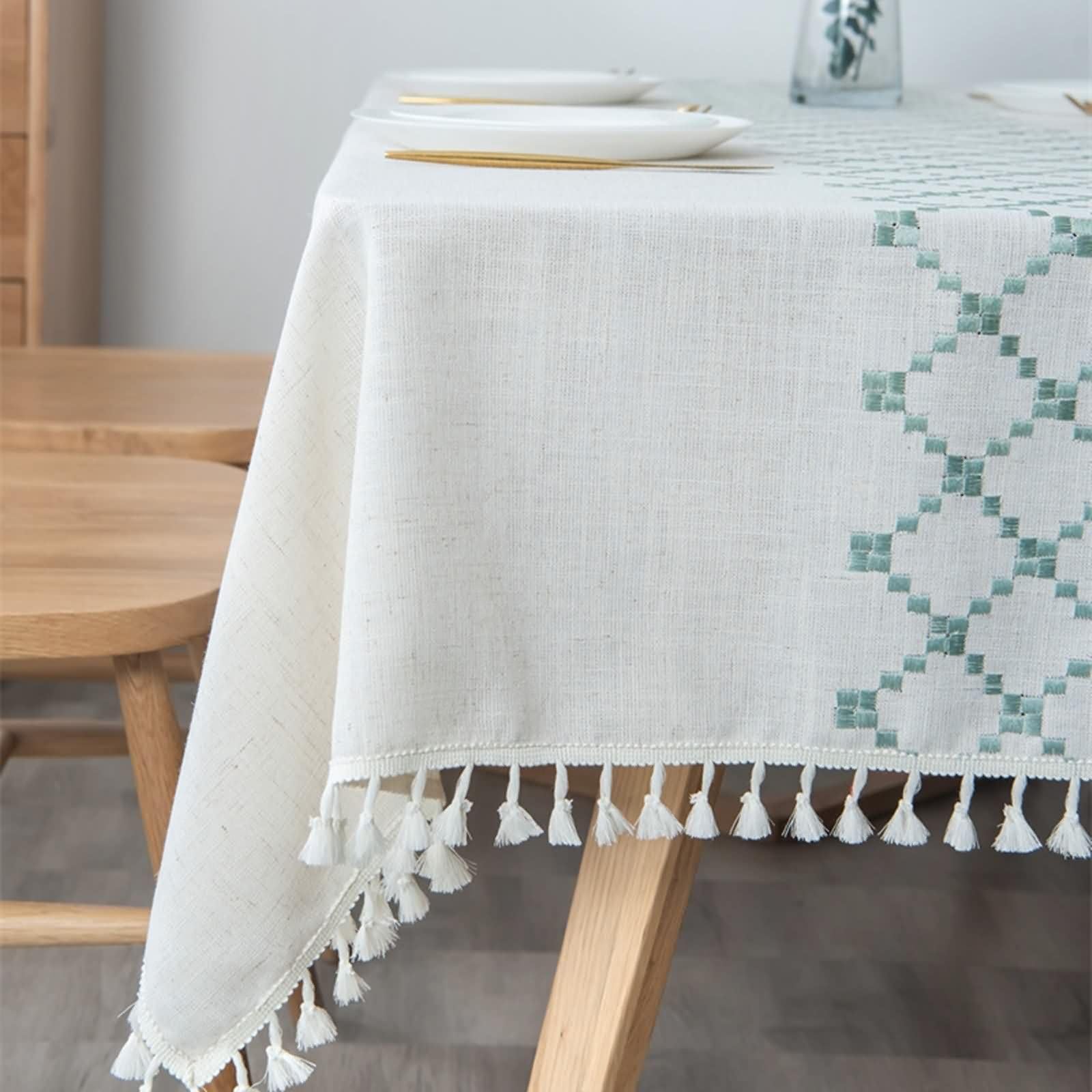 Mantel Terraza Rectangular Bordado de Geométrico con Borlas Manteles de Mesa Poliester Verde,140x200CM