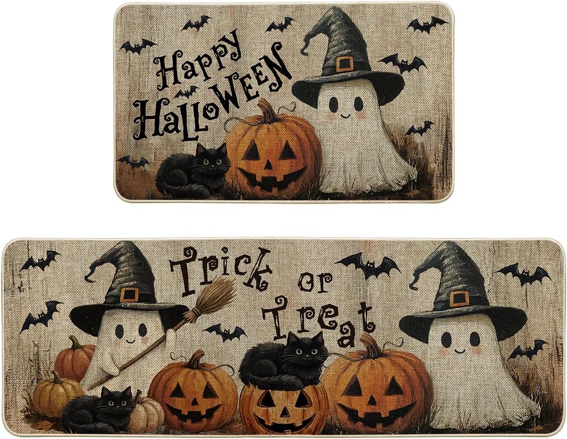 Artoid Mode Ghost Jack-O'-Lantern Cat Happy Halloween Kitchen Mats Set of 2, Home Decor Low-Profile Kitchen Rugs for Floor - 17x29 and 17x47 Inch