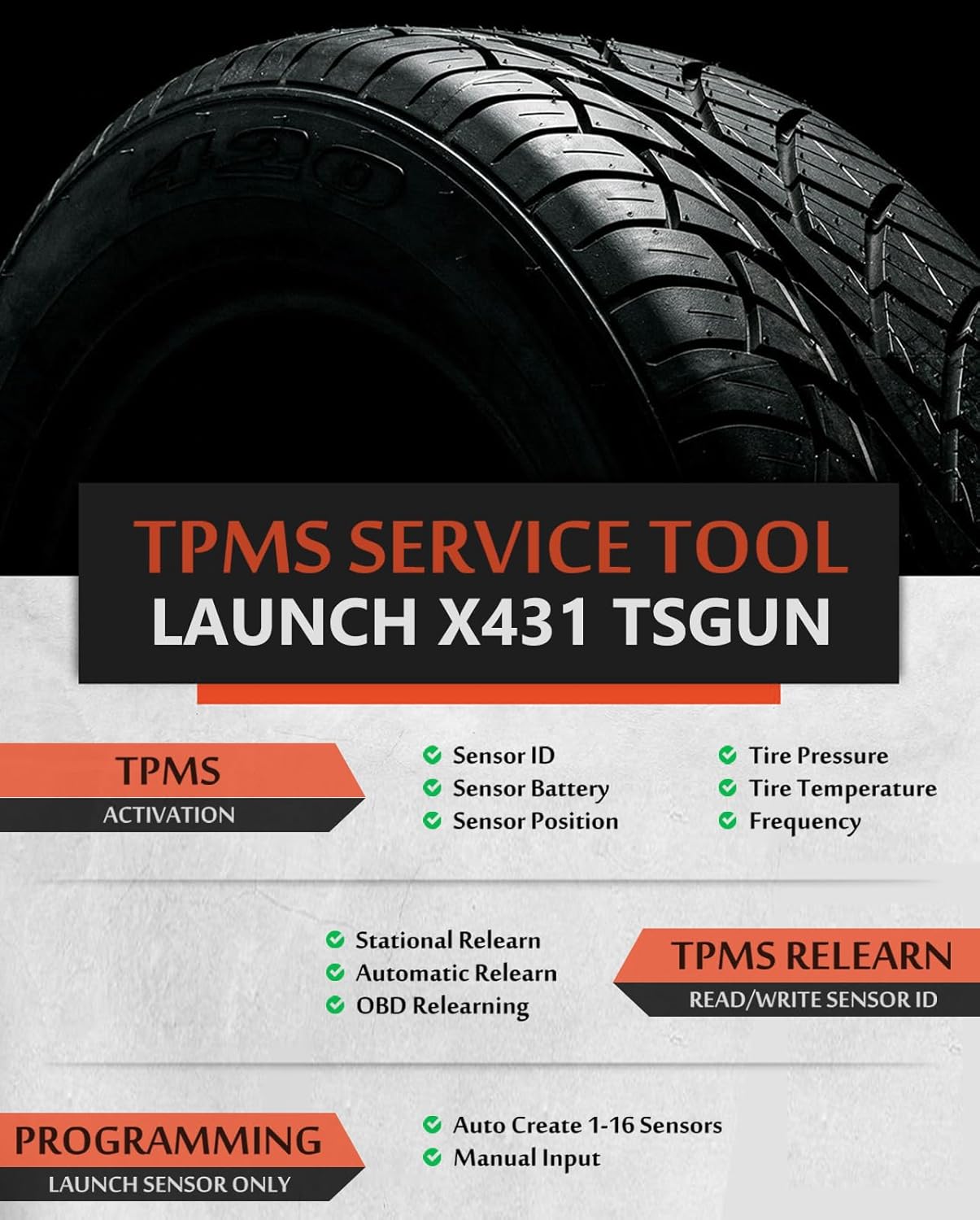 LAUNCH X-431 TSGUN Handheld TPMS Service Tool Work with X-431 Diagnostic Scanner [Note: Can't Work Alone] Supports All 315/433MHz Sensors