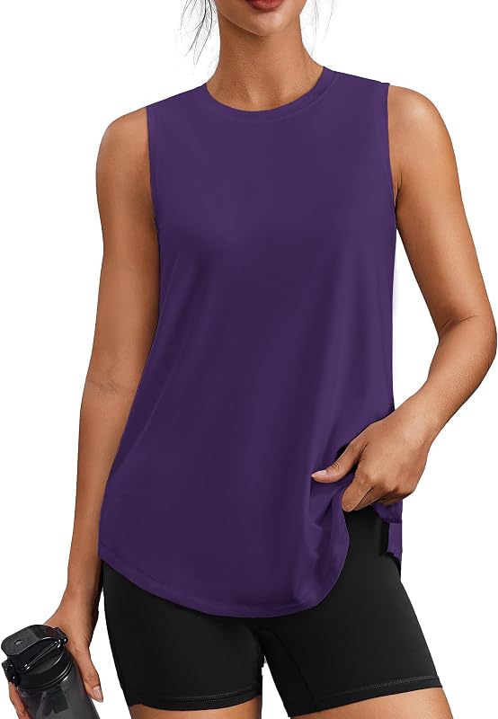 PINSPARK Camisetas sin mangas de entrenamiento para mujer UPF 50+ camisa atlética de gimnasio con aberturas laterales | Cuello redondo, largo hasta la cadera, ultrasuave, absorbe la humedad, ajuste holgado, yoga, senderismo, pilates, camisas sin mangas para mujer