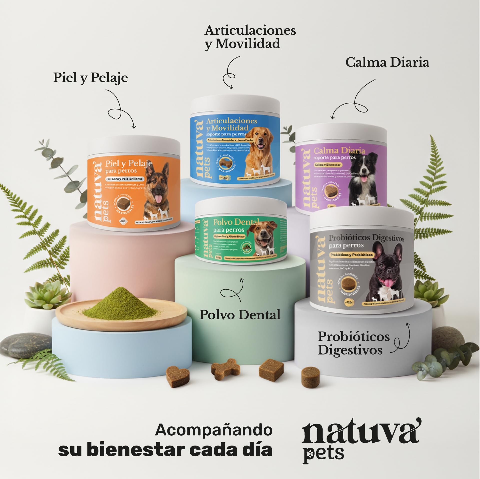 Probiótico + Calmante + Aceite de Salmón para Perros - Pack de Suplementos para Digestión, Flora Intestinal, Estrés, Ansiedad, Piel y Pelaje - Natuva Pets