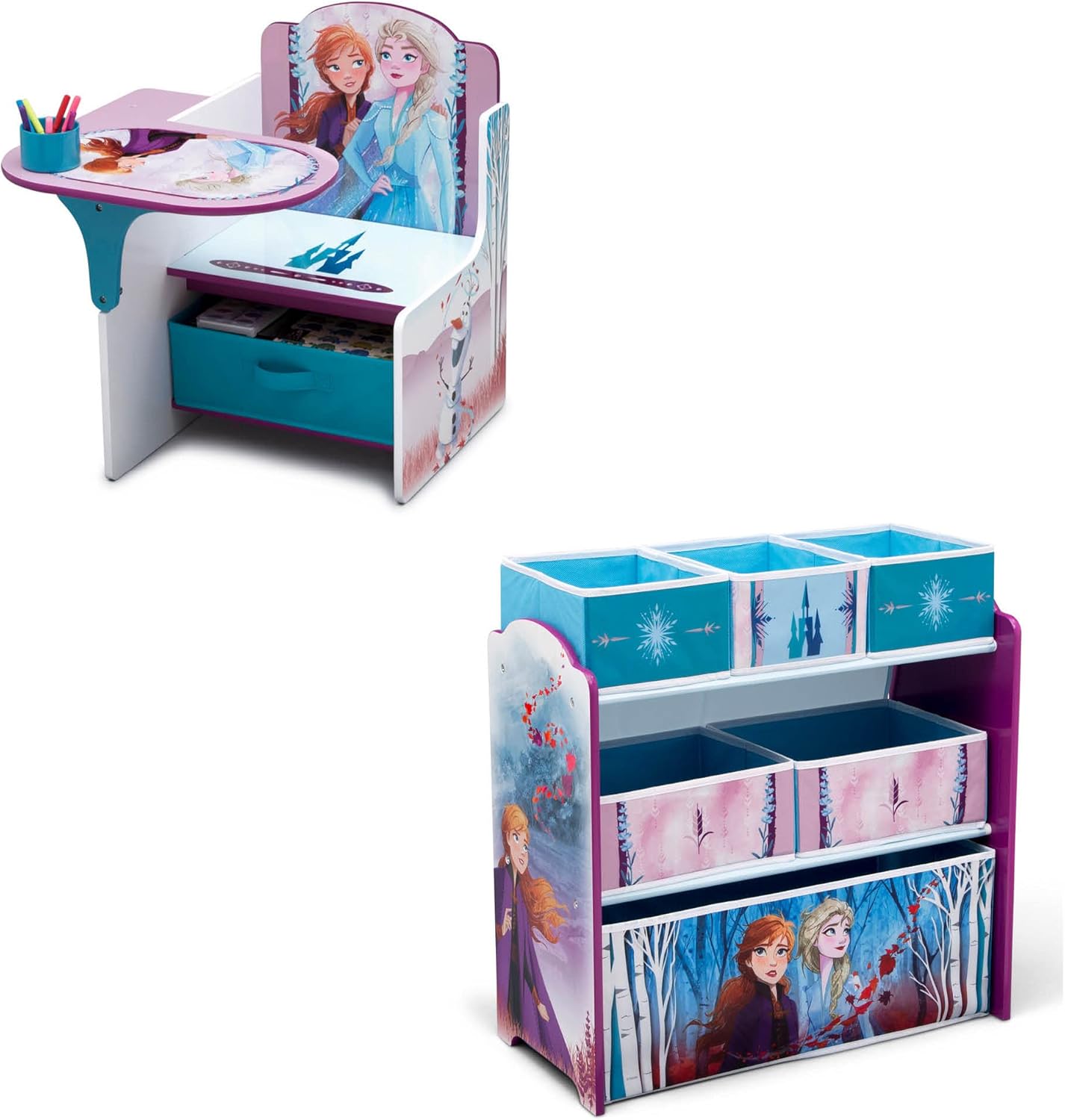 Delta Children Chair Desk with Storage Bin + Design and Store 6 Bin Toy Storage Organizer, Disney Frozen (Bundle)
