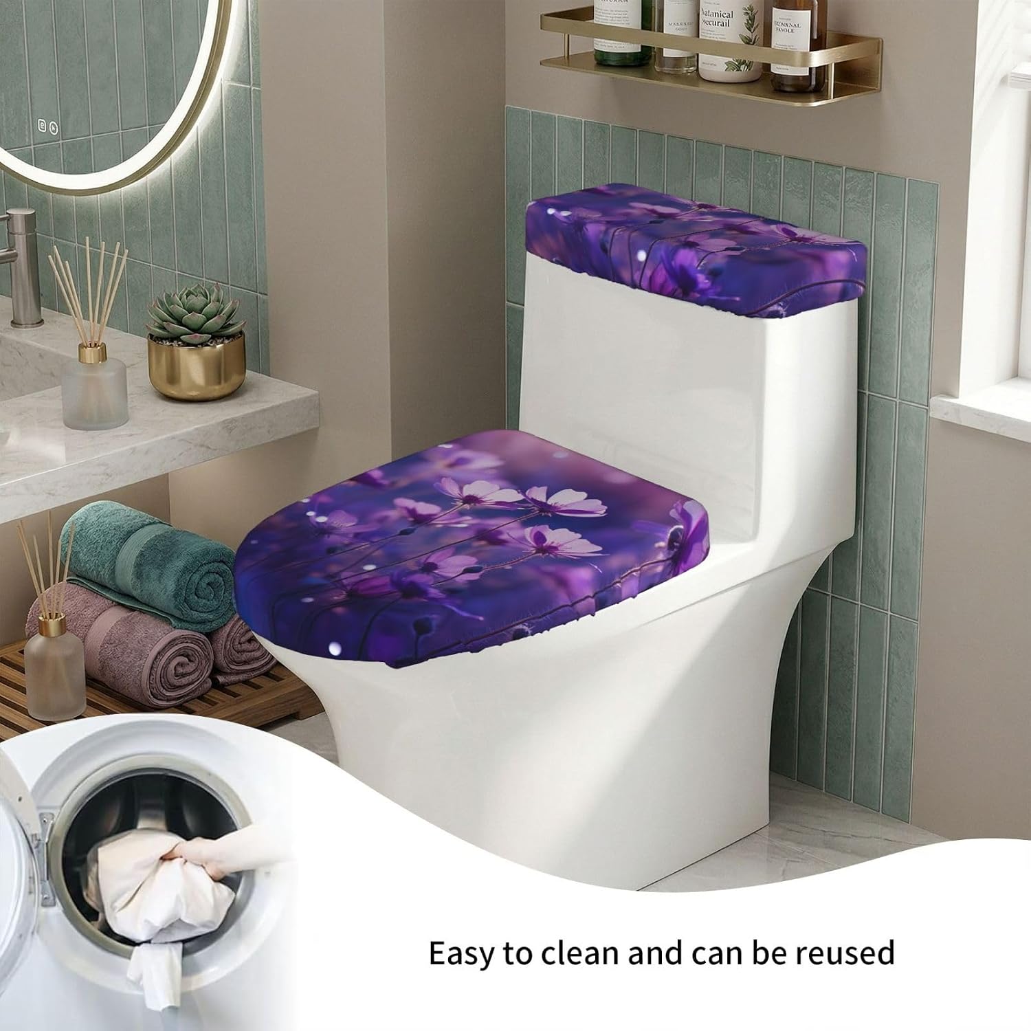 2 Pcs Purple Print Toilet Lid Cover And Toilet Tank Lid Cover Set, Soft Stretchable Bathroom Covers, Fits Round And Elongated Toilet Seats, Washable And Decorative