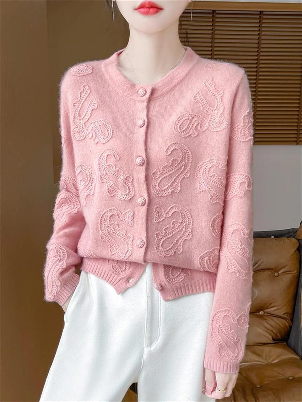 女性 100% メリノウール クルーネック カーディガン ペイズリー刺繍セーター コート長袖ジャンパー