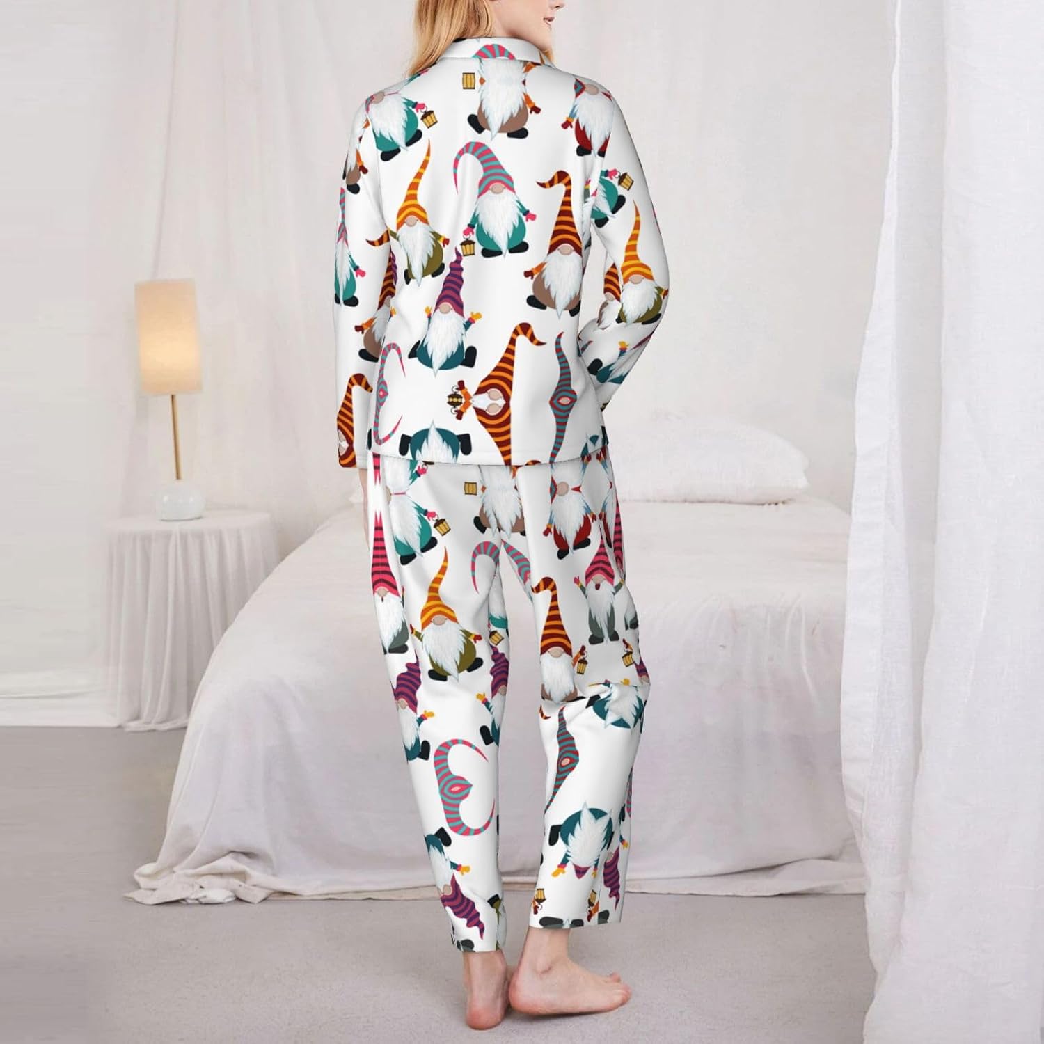 Xmas Funny Gnomes Print Women'S 2 Piece Pajama Sets Long Sleeve Button Down Shirt And Pants Sleepwear Sets S-Xxl