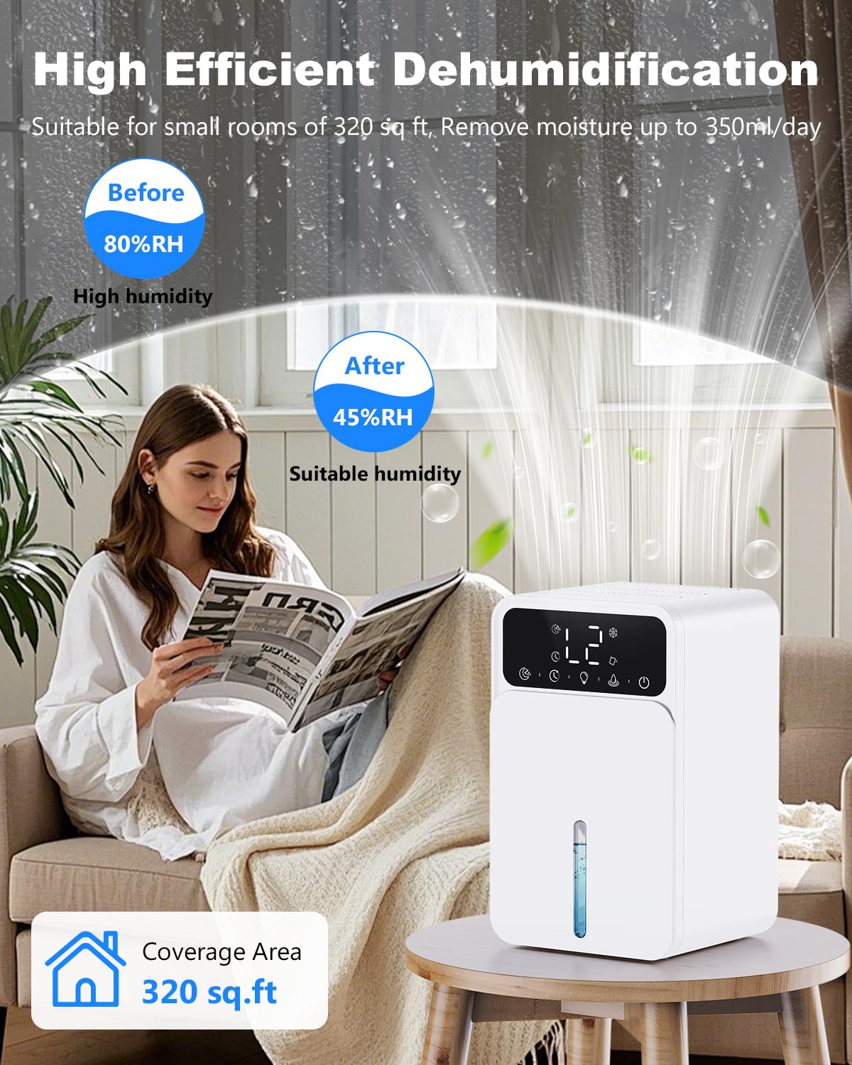 Deumidificatore Casa Muffa, 1500ML Deumidificatori Portatile, 28dB Funzionamento Silenzioso e Luce LED Colorata, 3 Modalità, Timer 12 Ore, per Bagno Armadio