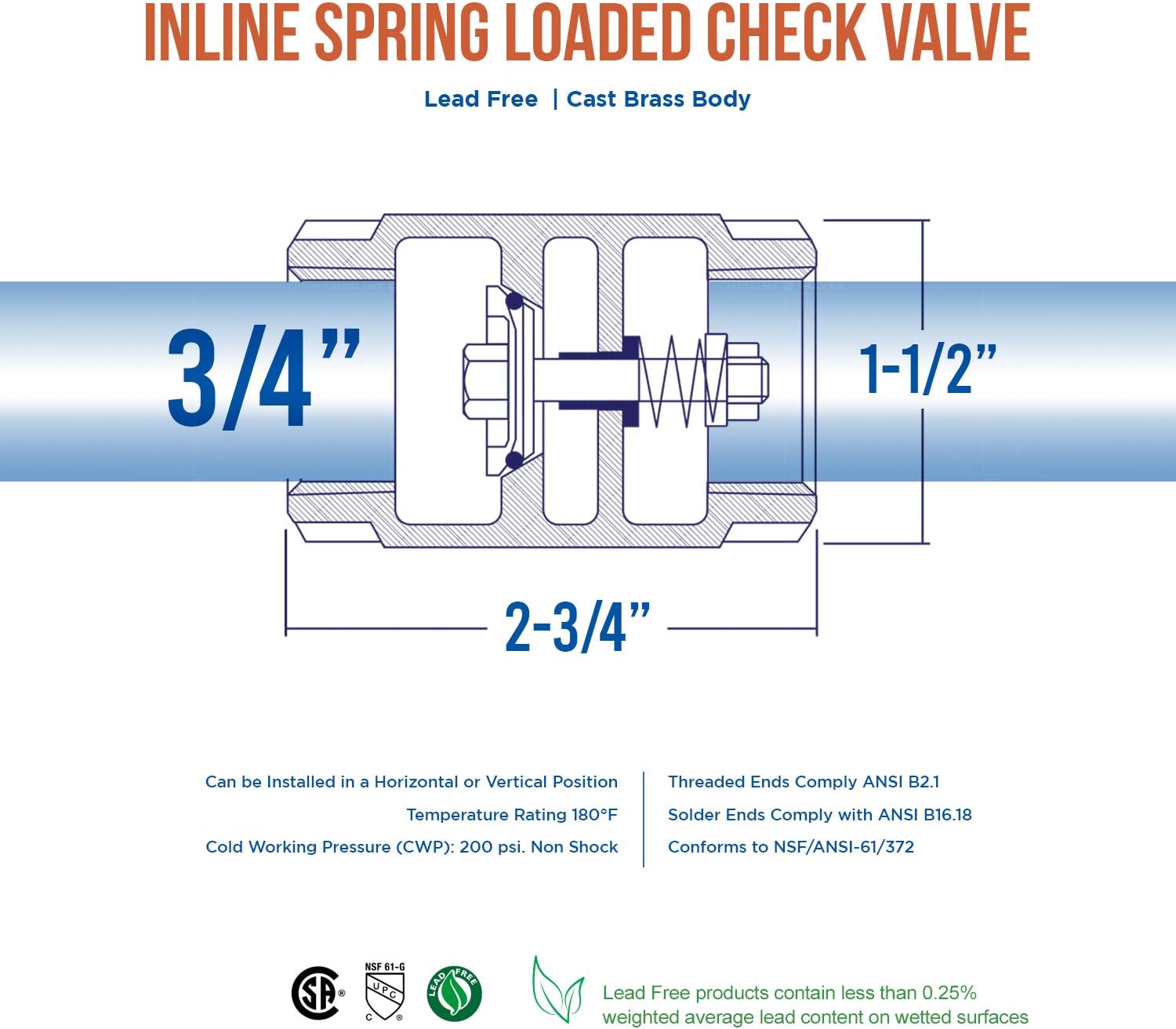 Midline Valve 372U256 Inline Spring Loaded Check Valve, Backflow Prevention Lead-Free, 3/4 in. FIP Connections, Cast Brass