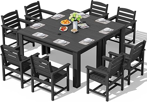 Miniatura 31 de SERWALL Juegos de comedor para patio para 8, juegos de comedor al aire libre para 8 personas con 2 agujeros para sombrilla, mesas rectangulares