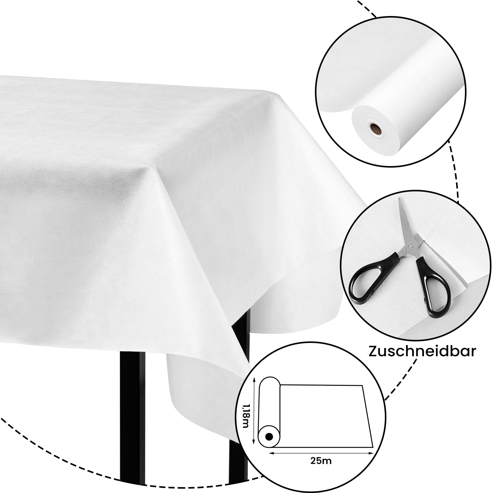 WOLTU Tischdeckenrolle, Einweg Vlies Tischdecke, Tischschutz wasserdicht Tischtuch Zuschneidbar, 80 g/m²,Tischschoner Meterware, für Party Geburtstag Hochzeit Weihnachten 1,18×25M Weiß
