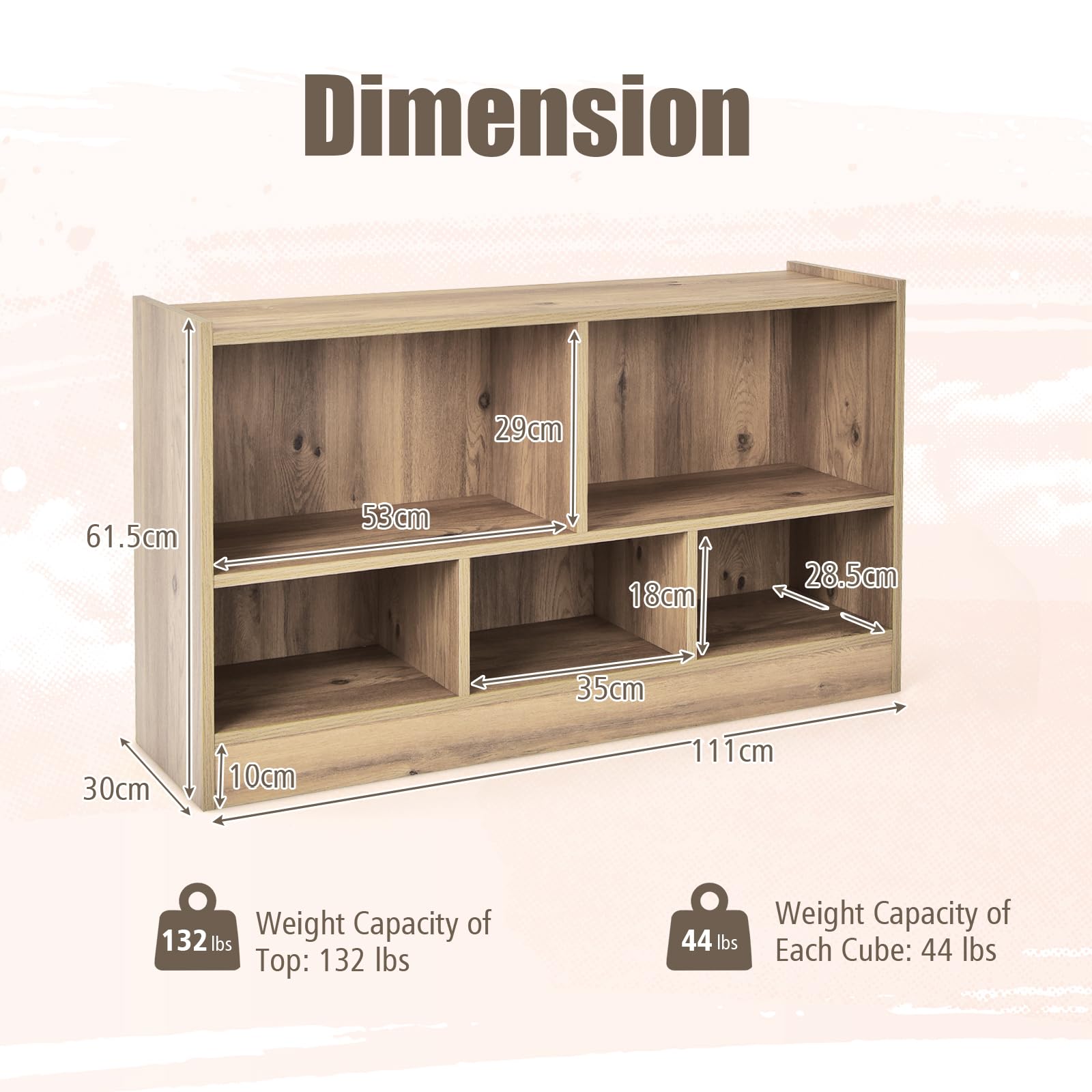 KOMFOTTEU Estantería Infantil con 5 Compartimientos Abiertos, Librería para Juguetes y Libros de Niños, Armario Bajo con Patas Antideslizantes, Estante para Exposición (111 x 30 x 61,5 cm, Natural)