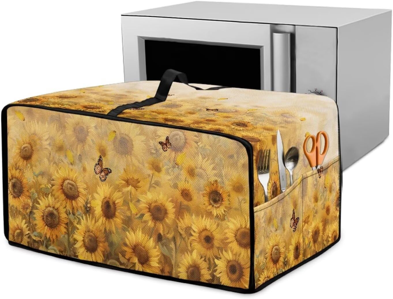 Butterfly Sunflower Print Toaster Oven Cover, Heavy Duty Kitchen Appliance Cover Dustproof Toaster Oven Protection with Storage Pockets for Home Kitchen, Small