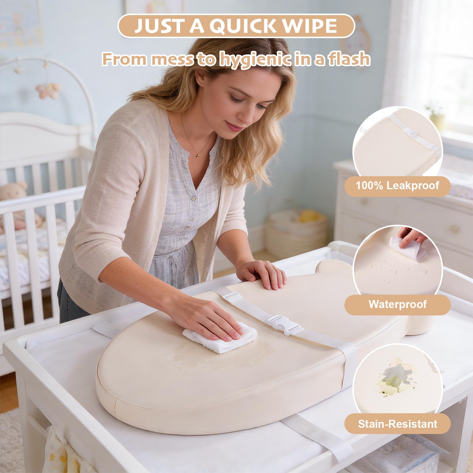 Baby Changing Pad, Waterproof & Wipeable Soft Diaper Changing Mat with PU Cover, Contoured Baby Changing Pad for Dresser & Table, with Non-Slip Safety Belt, Portable & Lightweight,Large Cushioned Foam - 3