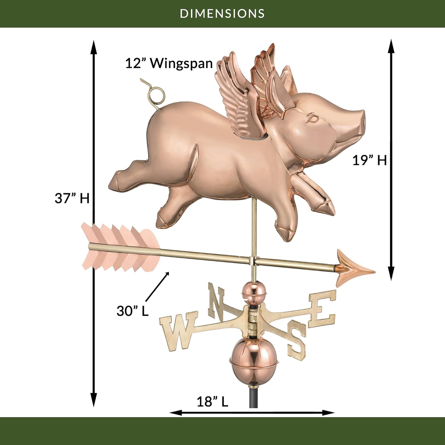 Good Directions Flying Pig Polished Weathervane with Arrow