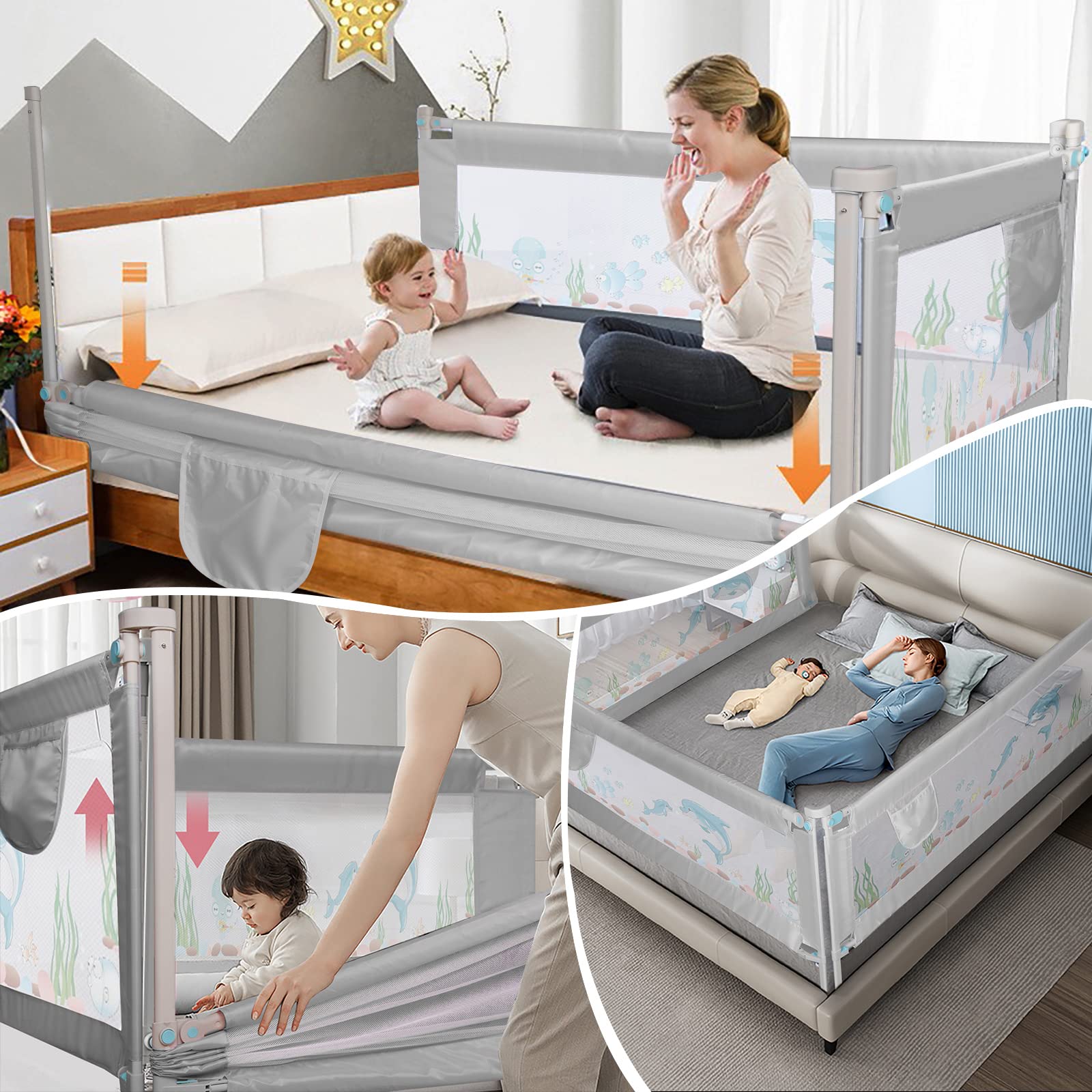 Sponde Letto Bambini Regolabili - Barriera Di Sicurezza 200x70x25 Cm, In Tessuto Oxford - Foto 7