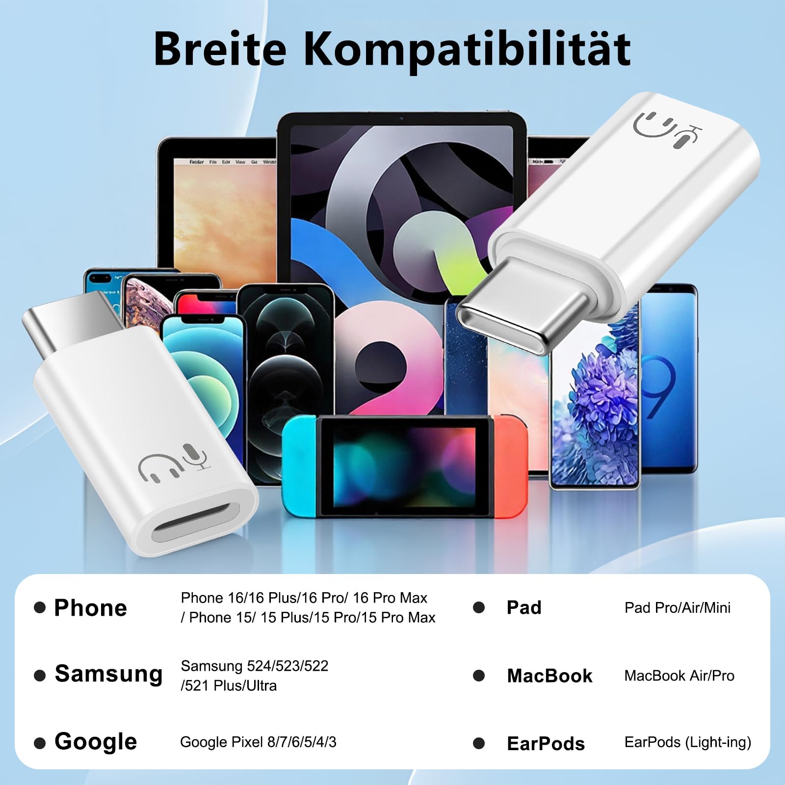 Adattatore audio da Lightnning a USB-C per iPhone 17/16/15 serie, iPad, Galaxy e USB-C dispositivi, qualità audio Hi-Fi, controllo in linea, Plug and Play, bianco