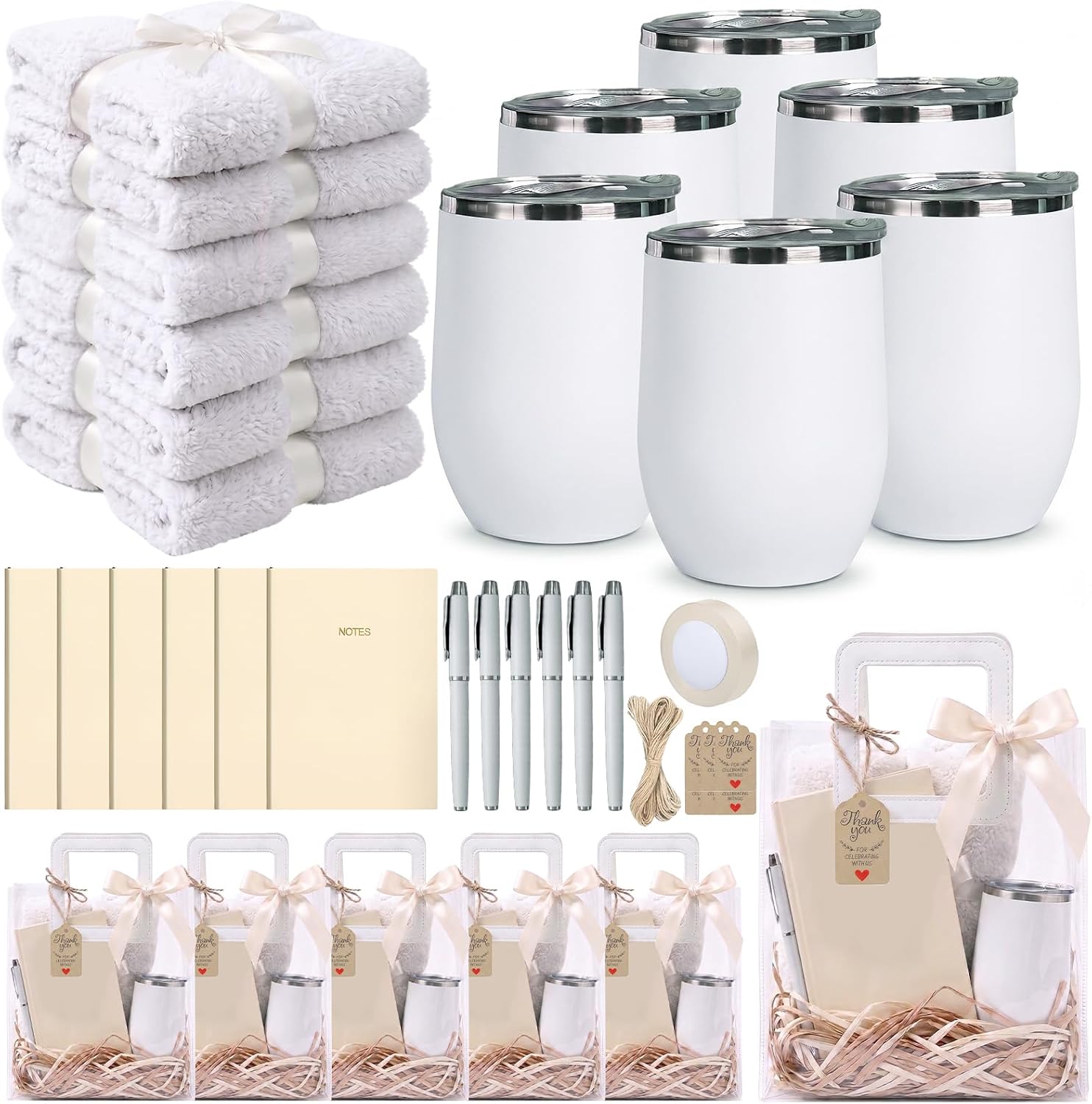 6 sets Baby Shower Prizes for Game Winners Baby Shower Favors Gifts including 12 oz Coffee Cups Notebooks Towels Pens Thank You Cards Raffia Gift Bags