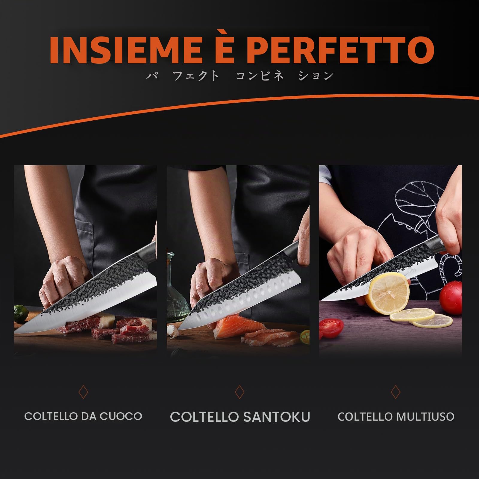 Purple Dragon Set di Coltelli da Cucina 3 Pezzi in Acciaio al Carbonio | Acciaio al Carbonio, Manico Ergonomico, Set 3 Pezzi con Coltello Cucina, Santoku e Pelapatate per Uso Quotidiano Domestico