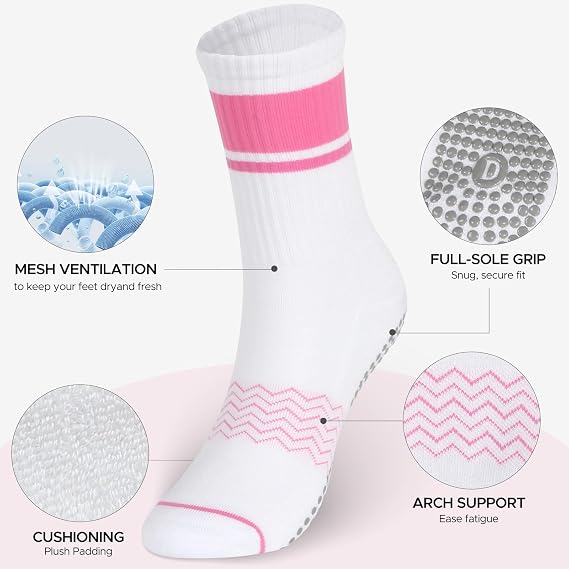 Pilates Socks with Grips for Women Bamboo Non-Slip Crew Socks for Yoga, Ballet, Barre, Workouts & Diabetic Ideal Christmas Gift