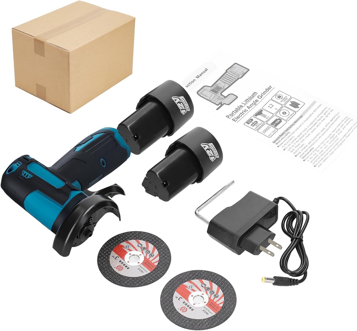 Cordless Angle Grinder, 12V Mini Angle Grinder Tool with Batteries,Wrench,Power Adapter and 2 Grinding Wheel,19500rpm Metal Grinders for Cutting, Grinding and Polishing