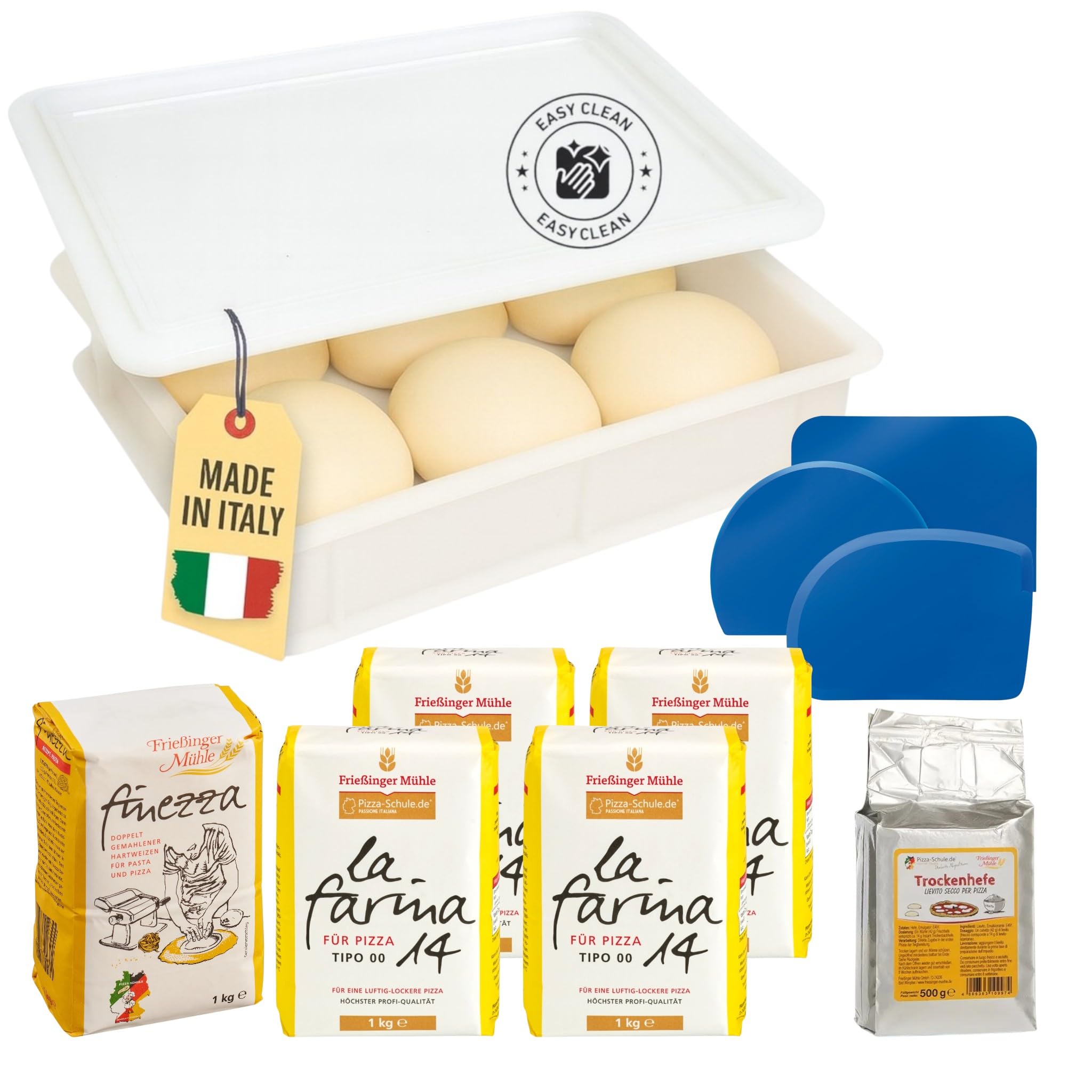 Pizzaballenbox Starter-Kit – 4x La Farina 14, Semola & Trockenhefe – Inkl. 3er Teigschaber & Pizza Box mit Deckel – Praktisches Gärbox Set für Hobbybäcker & Pizzafans