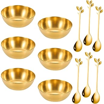 Set of 6 Golden Sauce Bowls Stainless Steel Small Serving Bowls Vinegar Serving Bowls Mini Dipping Bowls with 6 Spoons for Dessert Sauces Frits Soy Sauce Ketchup Spices