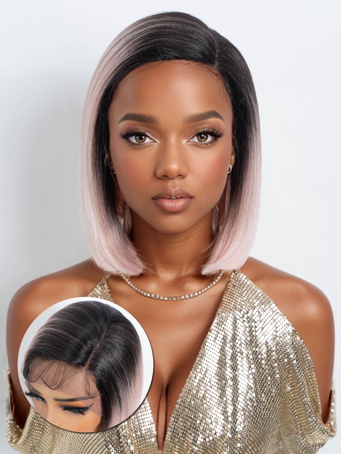Joedir Ombre Pink Bob Wig with Side Part Synthetic Lace Front Wigs with Baby Hair 10 Inch Short Straight Bob Wig for Black Women