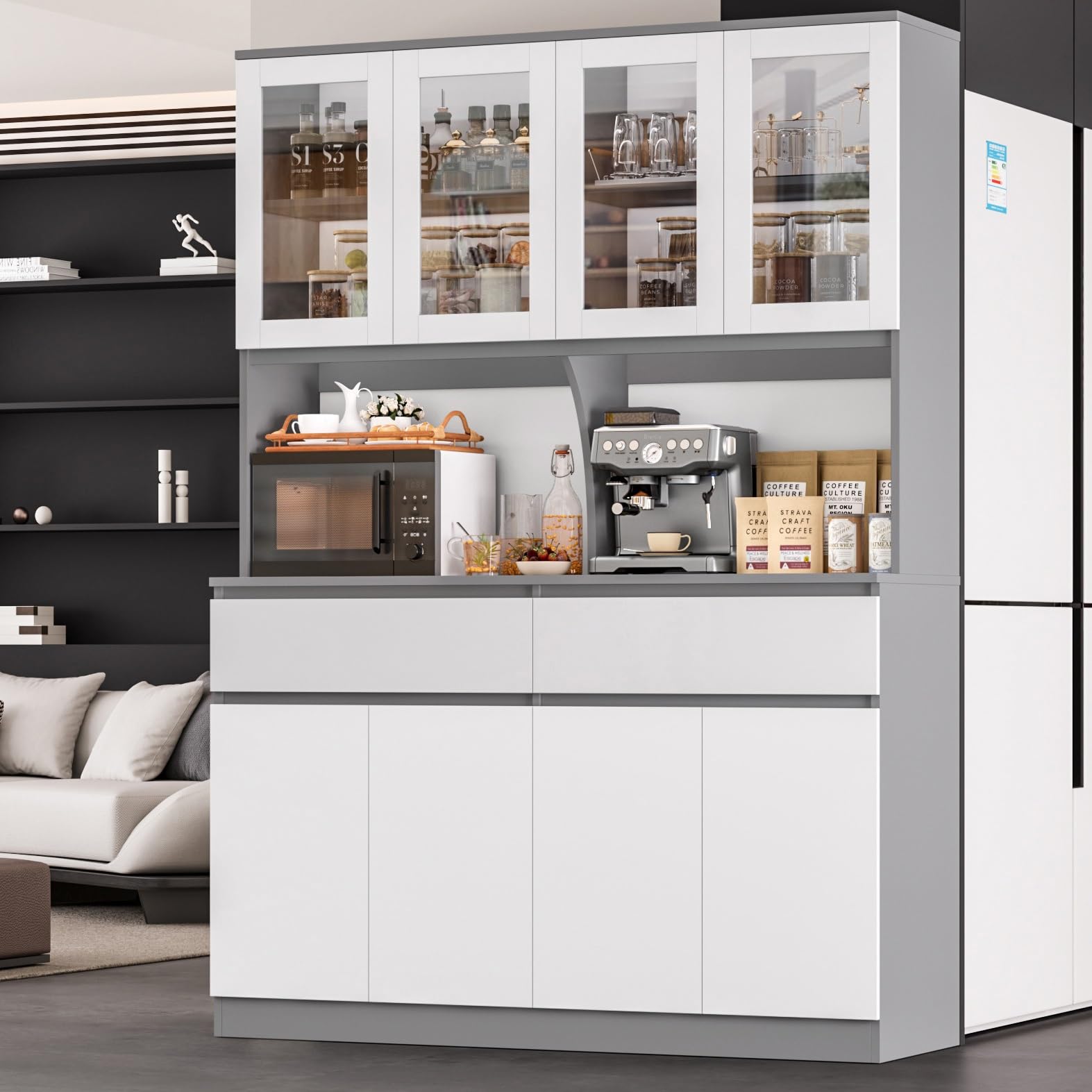 Keyluv 75" Kitchen Pantry Storage Cabinet with Glass Doors and Drawers, 55" Wide China Cabinet Hutch with Microwave Stand Coffee Bar, Food Pantry with