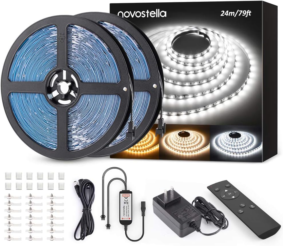 NOVOSTELLA 79ft Tunable White LED Strip Light Kit 2688 LEDs Dimmable 3000K-6500K 24V Flexible LED Tape Remote LED Ribbon for Stage Bedroom Party Kitchen Stair Living Room Ceiling Daylight Warm White