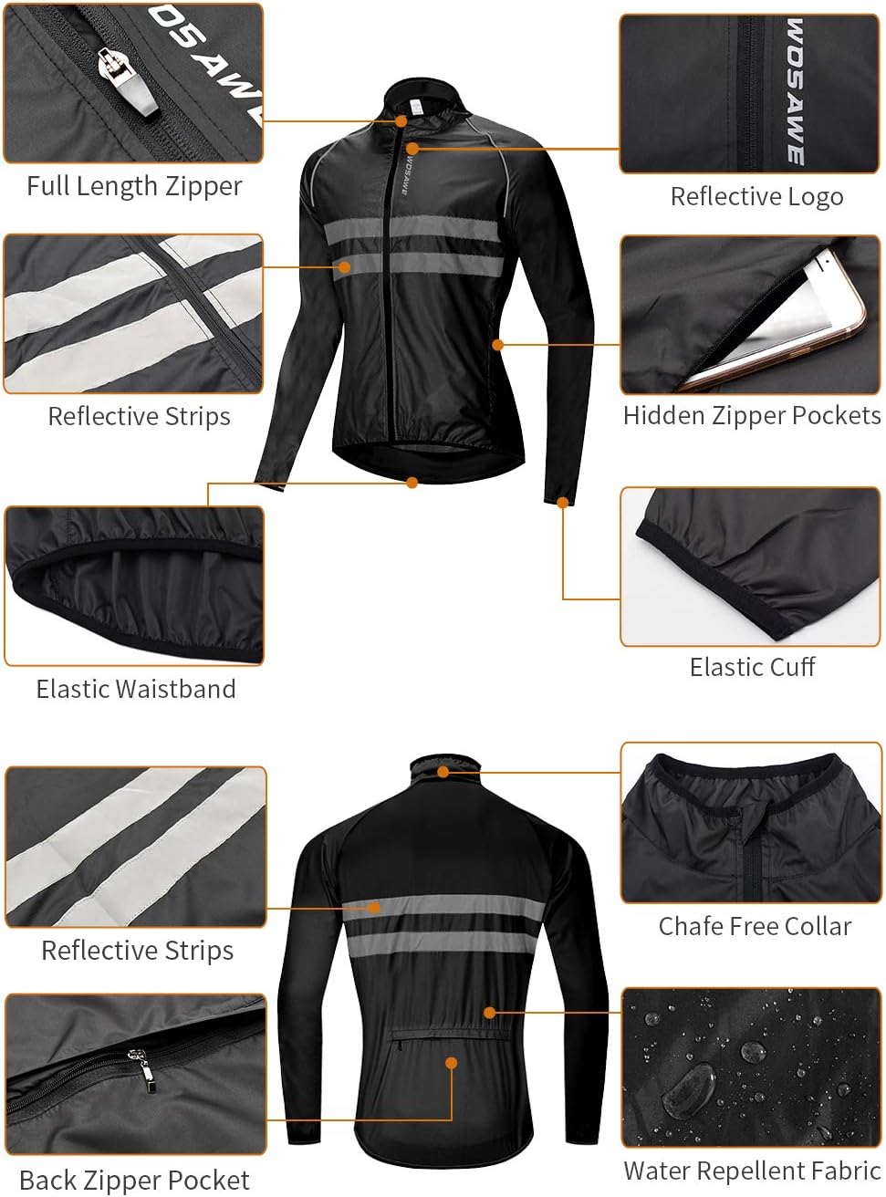 WOSAWE Men's High Visibility Cycling Wind Jacket Water Resistance Reflective Windbreaker
