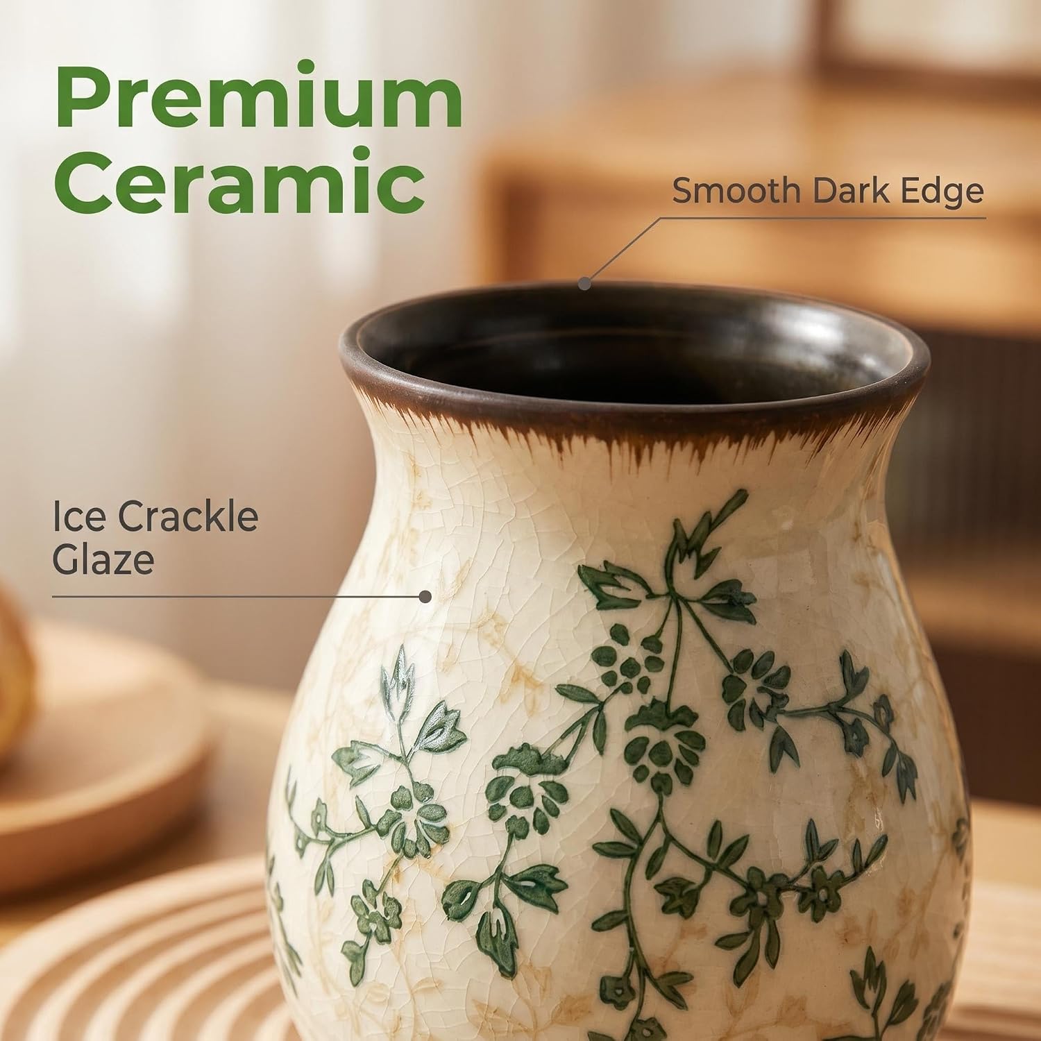 Ceramic Utensil Holder for Kitchen Counter 6.1" Green Floral utensil crock Modern Farmhouse Decor Countertop and Organizer for Spoons，Kitchen Tools&Flower Pot(Green and Beige) image 4