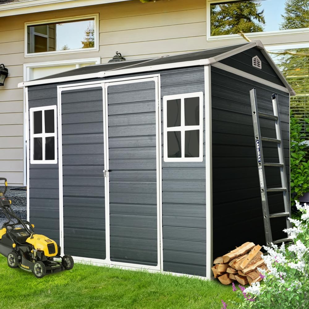 8 x 6ft Resin Outdoor Storage Shed Waterproof Shed with Floor & Two Windows & Lockable Door, Tool Shed for Garden, Patio, Backyard,Black (Black + Polypropylene)