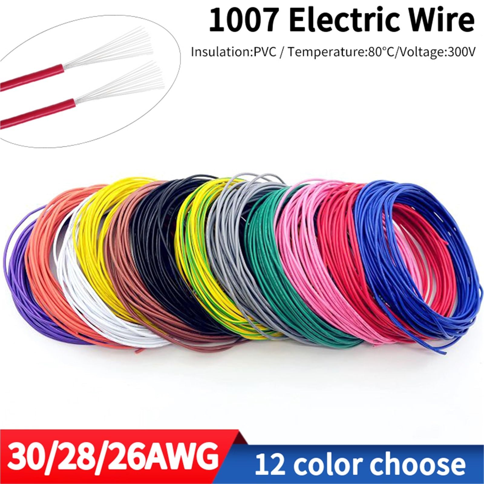 Cable electrónico de PVC 2M-100M UL1007 26/28/30 AWG; Cable de Cobre estañado Rojo Negro for cableado LED y Bricolaje(Purple,100M,30AWG)