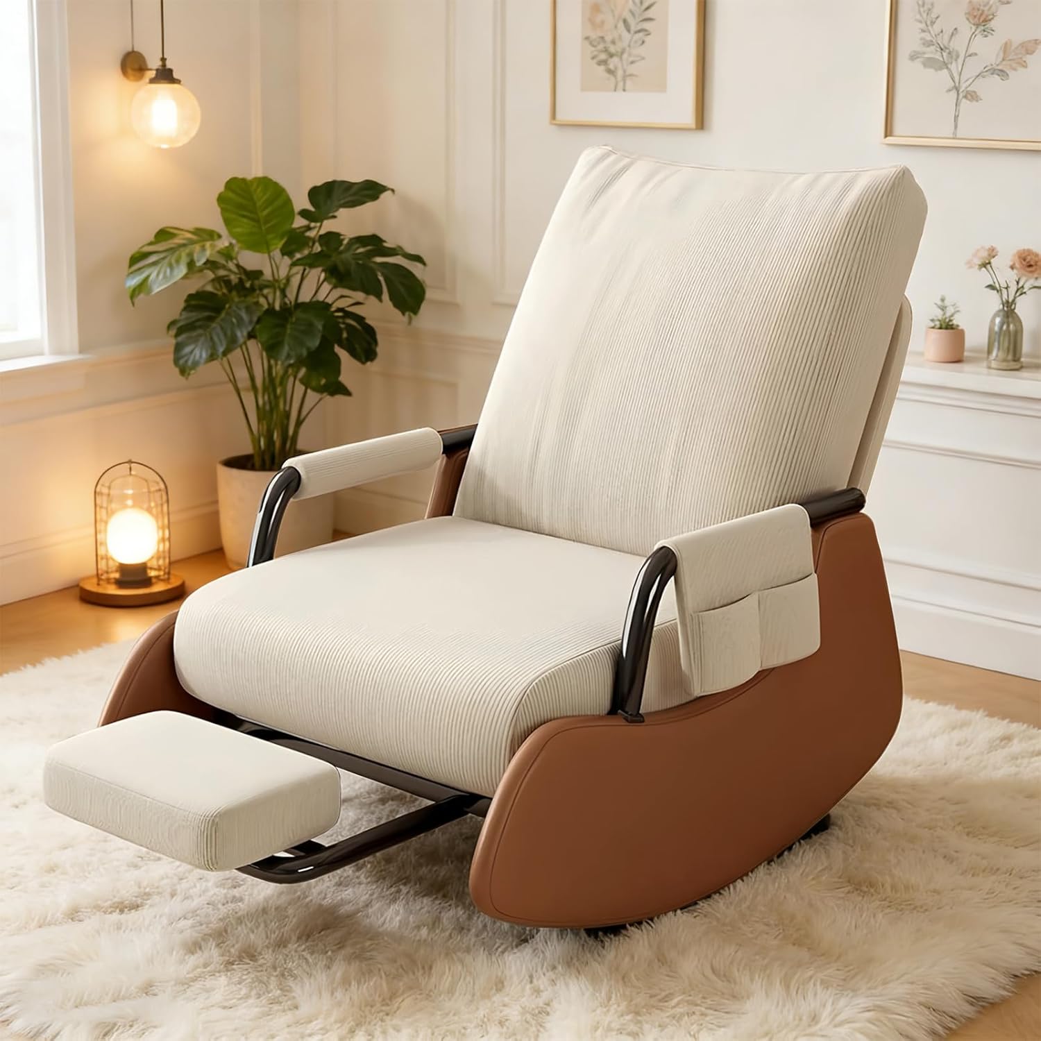 Rocking Chair Nursery, Comfortable Upholstered Recliner Rocker with Foot Rest, Side Pocket and Adjustable High Backrest, Soft Corduroy Modren Rocking Chair Living Room Bedroom, Beige