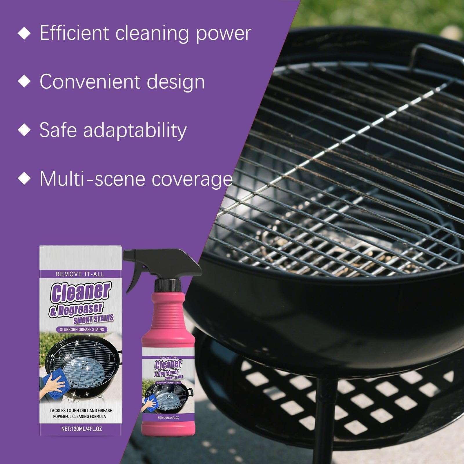 Fast-Acting Heavy-Duty Grill Degreaser Spray, BBQ Grill Cleaner Spray for Outdoor Grills, Smoker Cleaner for Smoky Stains and Stubborn Grease