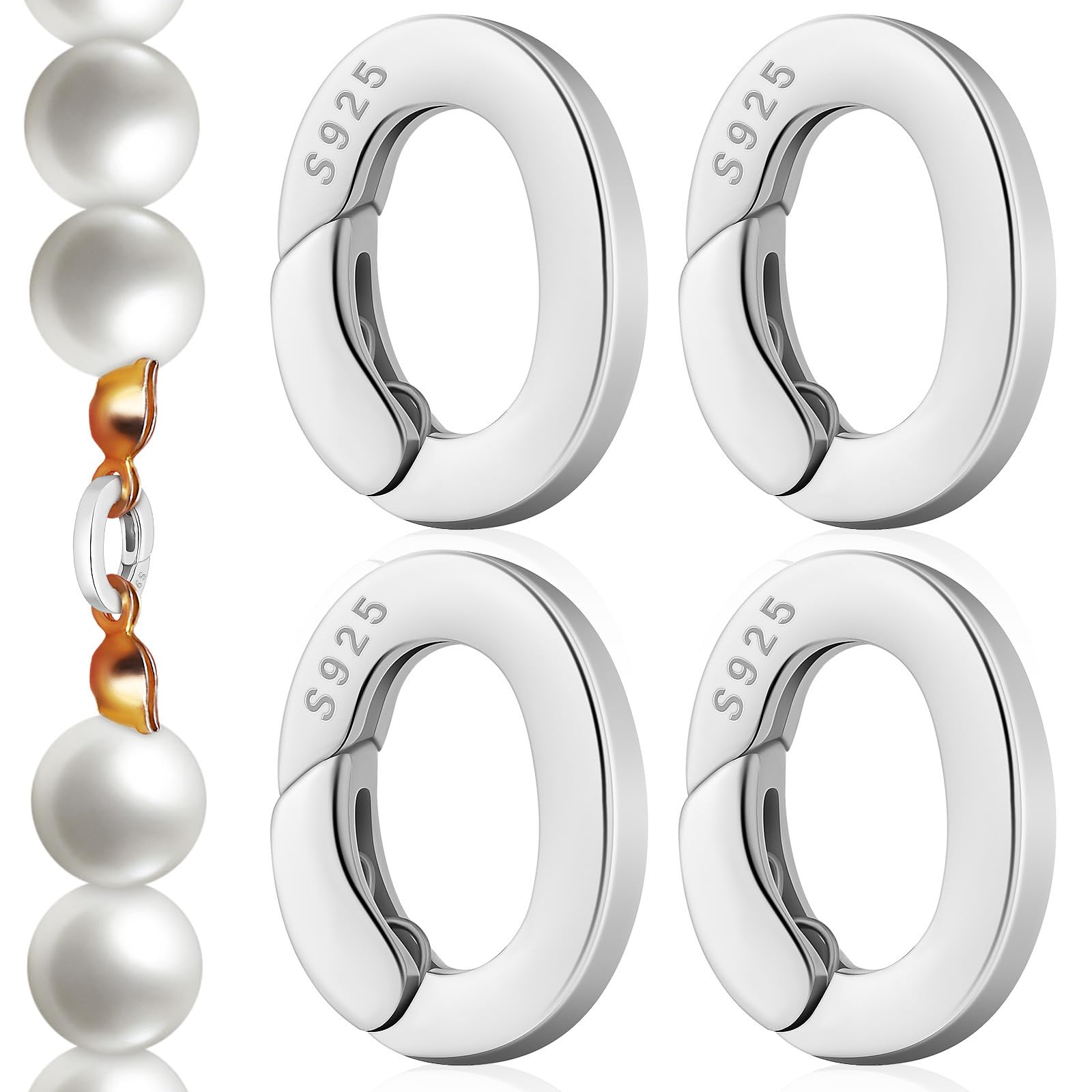 Cabilock Fermoir Ovale en Argenté S925, 4 Pièces, Agrafe à Ressort pour Raccourcir un Collier, Fermeture Sûre pour Chaîne et Pendentif