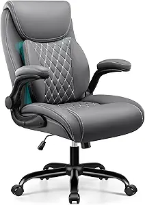 BESTFAIR Office Chair, Executive Computer Desk Chair with Lumbar Support for Lower Back Pain Relief, Ergonomic Leather Home Chair Comfy with Padded Flip-up Arms and Adjustable Armrests, Gray