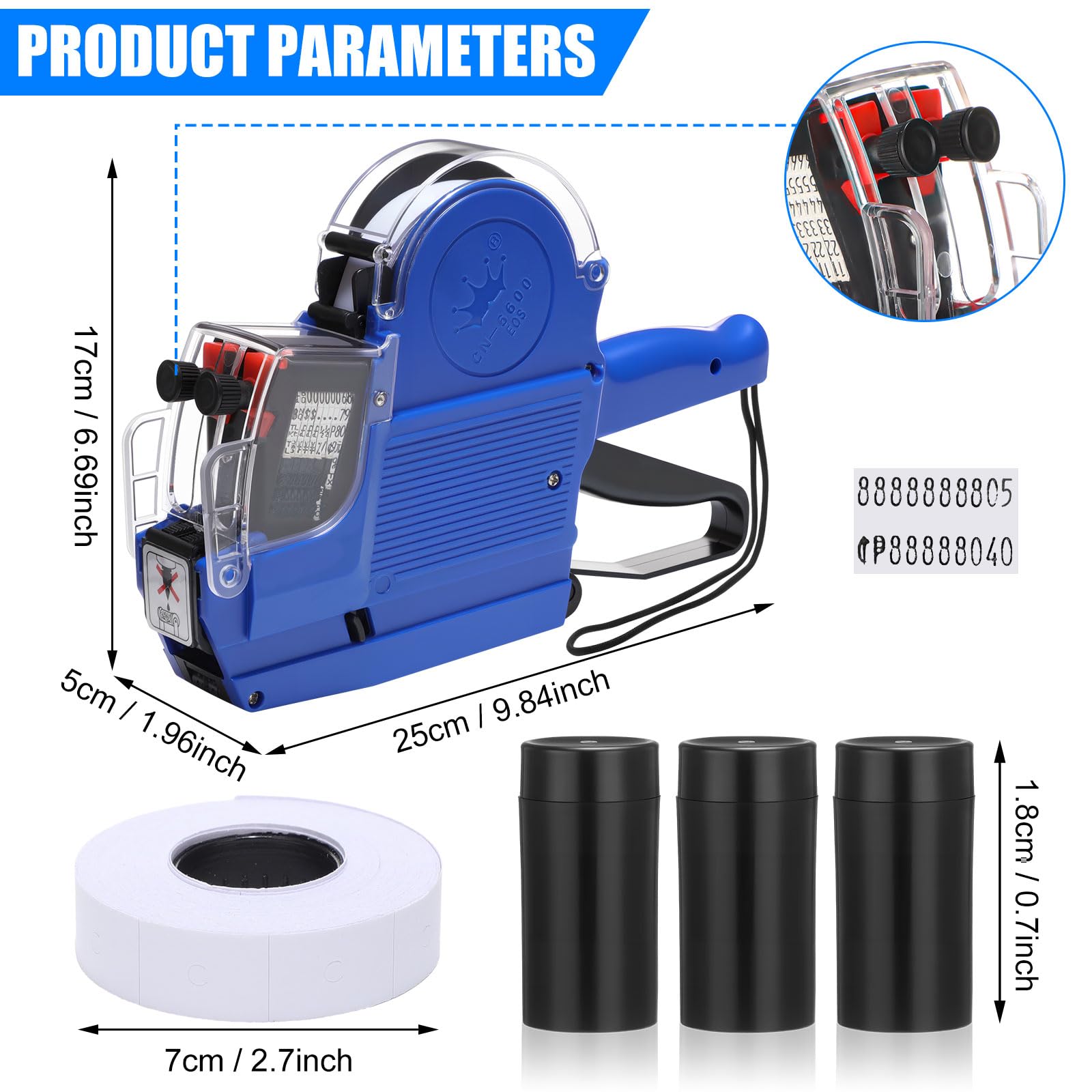 Fullhawl Lot de 3 étiqueteuses de prix à 2 lignes avec 10 000 étiquettes blanches vierges, 3 rouleaux d'encre, pour bureau, magasin, épicerie, cour, vente (bleu)