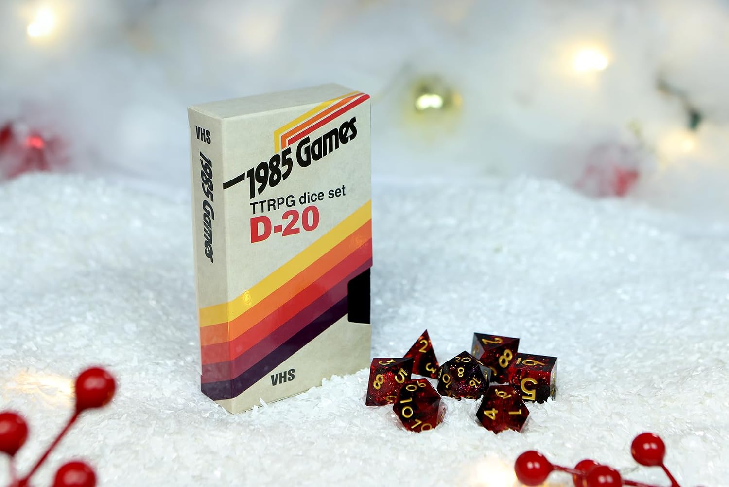 1985 Games Sharp Edge DND Dice Set – Ruby Red Polyhedral Dice in Retro VHS Box – TTRPG Dice Set – Tabletop RPG Accessory (Set of 7)