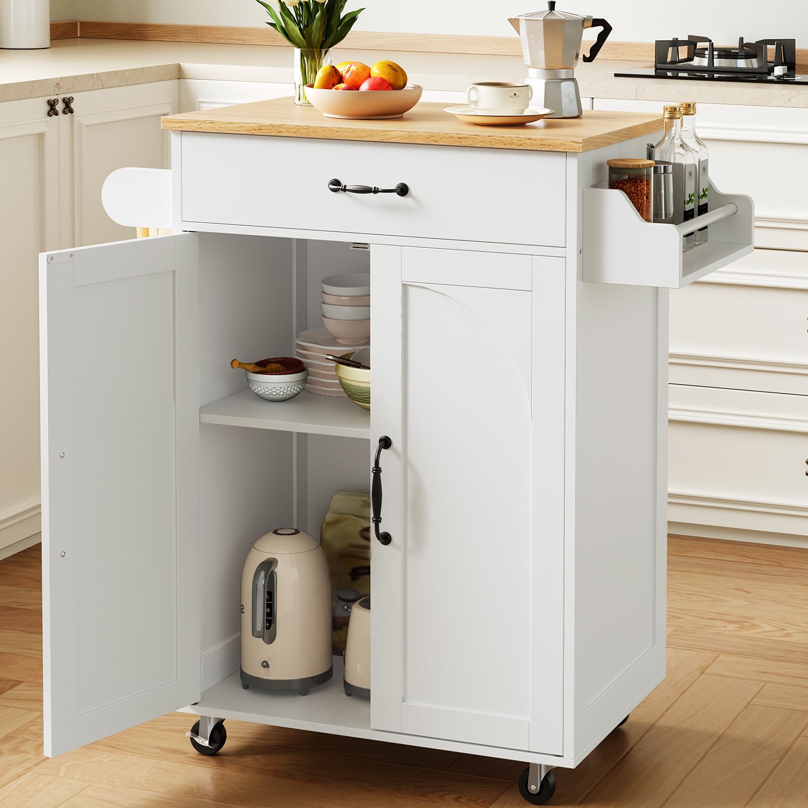 RALGEND Küchenwagen mit Arbeitsplatte und auf Rollen, Kücheninsel mit Schublade, Küchenschrank mit Handtuchstange und Gewürzregal, Rollwagen 60 × 40 × 88 cm, Weiß and Holzfarbe
