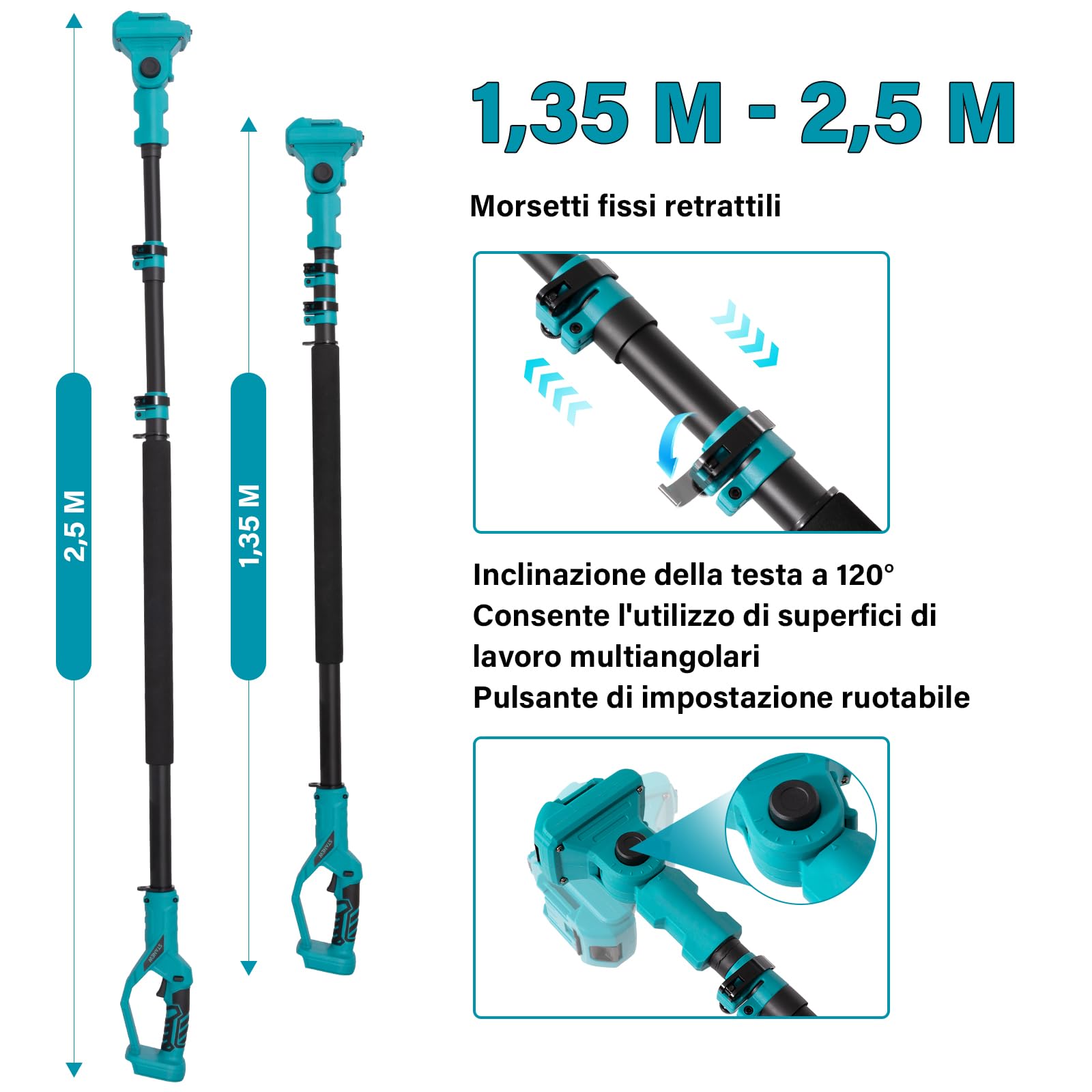 STANEW Motosega telescopica senza fili,da 6 pollici,2 in 1 | Due batterie 4000 mAh,estensione max 4,6 m,lama rotante e lubrificazione automatica.
