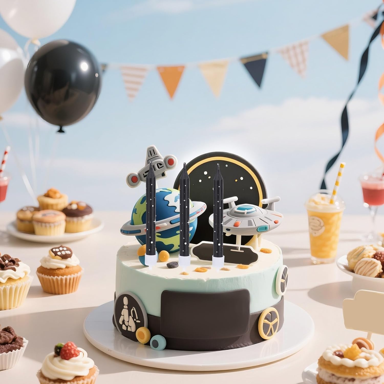 12pcs Birthday Cake Candles, Black Long Galaxy Star Space Cupcake Candles