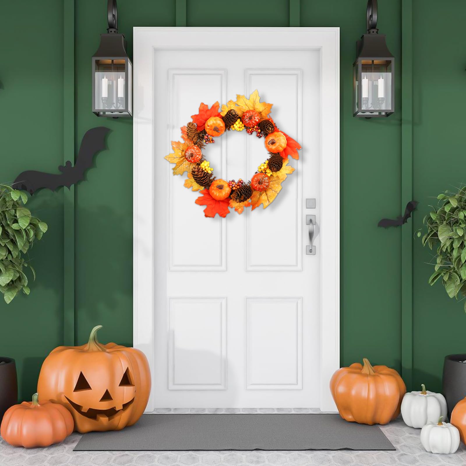 Couronne De Porte Automne 30 Cm – Feuilles D'Érable, Baies & Citrouilles Artificielles, Décoration Entrée Maison Halloween Thanksgiving